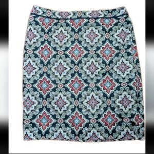 Talbots Size 16 Blue & Red Geometric Print Cotton Blend Straight Pencil Skirt